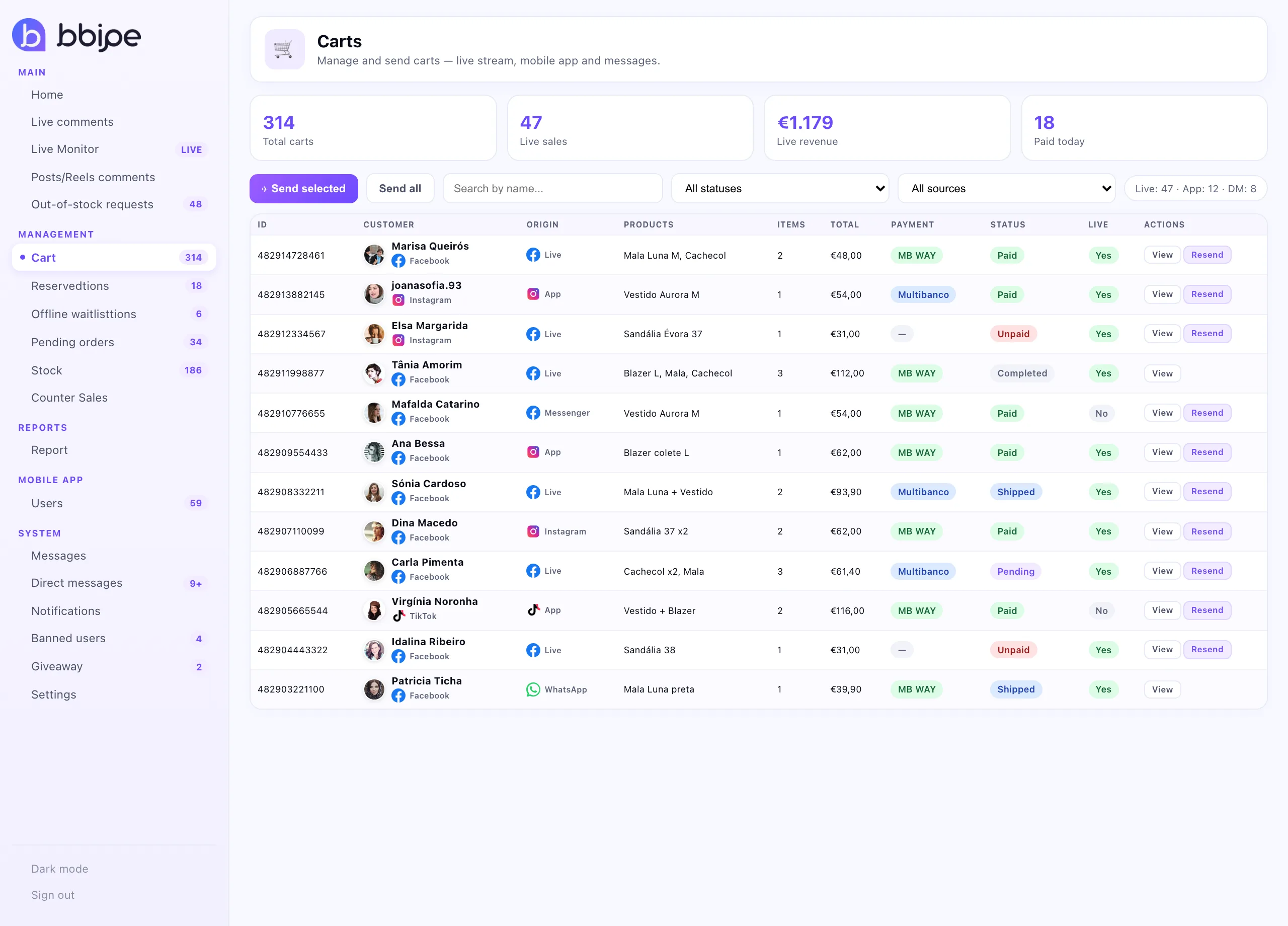 Full control of orders, payments and stock