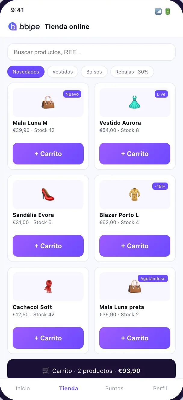 Tienda online en la app