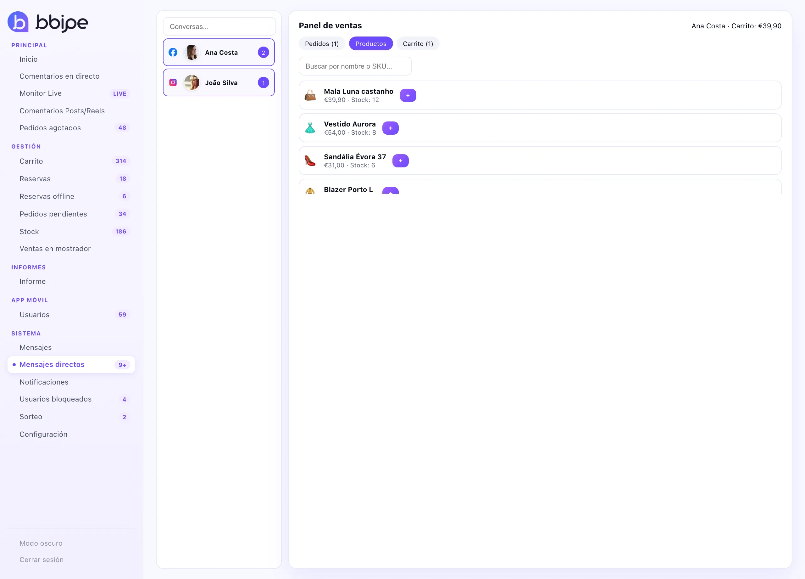 Panel de ventas en chat